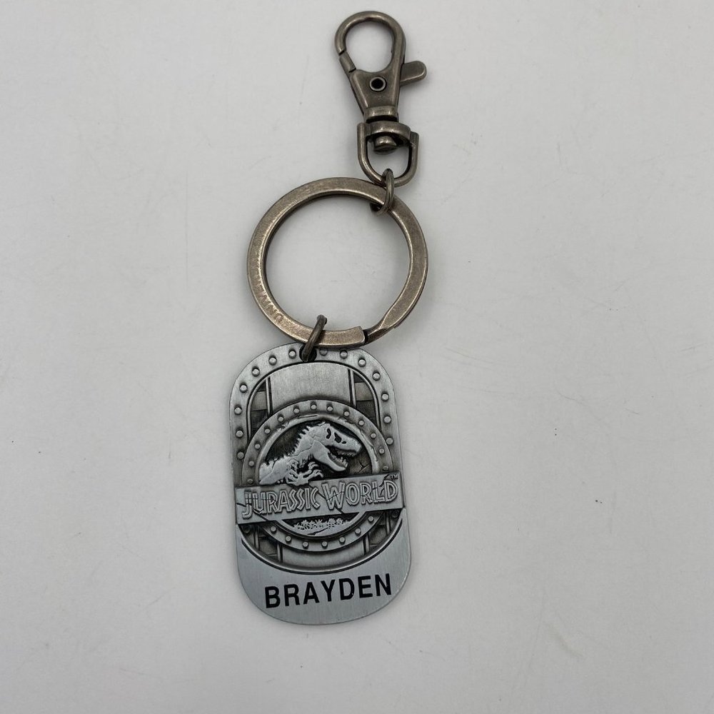 Universal Studios Jurassic World T-Rex Dinosaur Metal Keychain Name Brayden